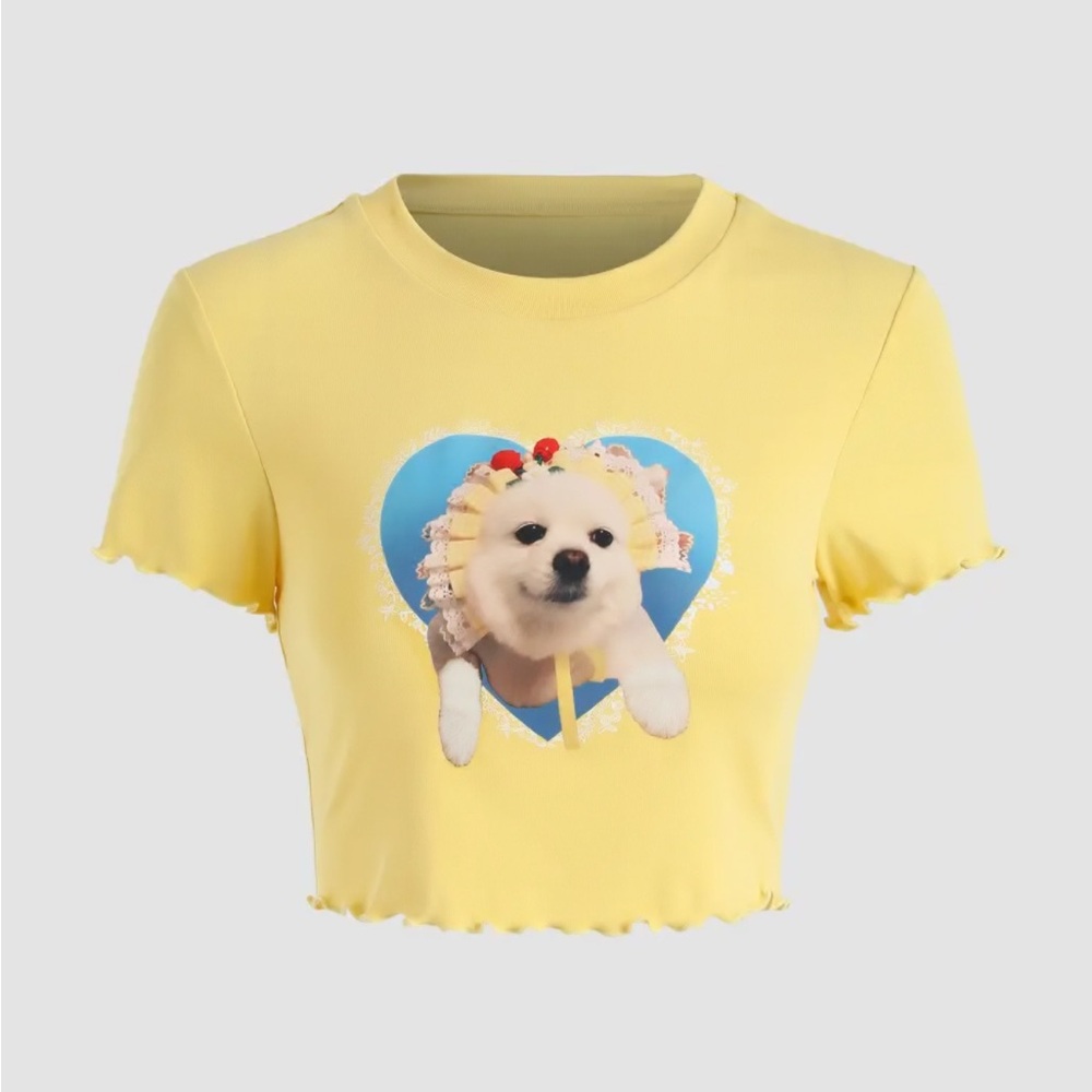 Cider Yellow Baby Dog Crop Short Sleeve Baby Tee with Lettuce Edge Trim Size L